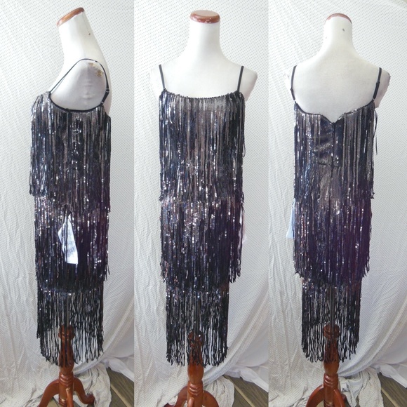 NEW DRESS THE POPULATION Onyx ROXY Sequin FRINGE 1920's Flapper SHIFT DRESS XXS - Picture 5 of 16